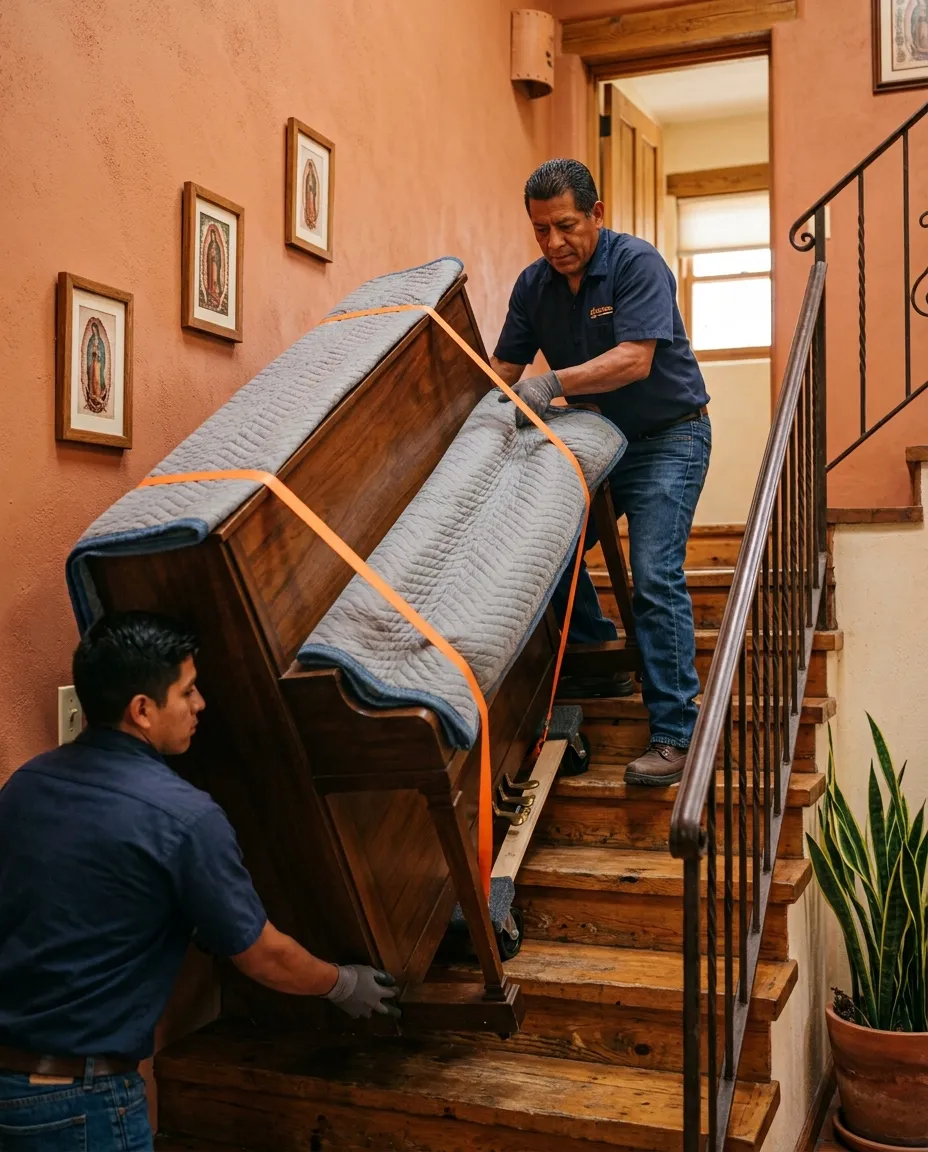 Un cargador baja con cuidado un piano vertical por una escalera usando diablo y fajas