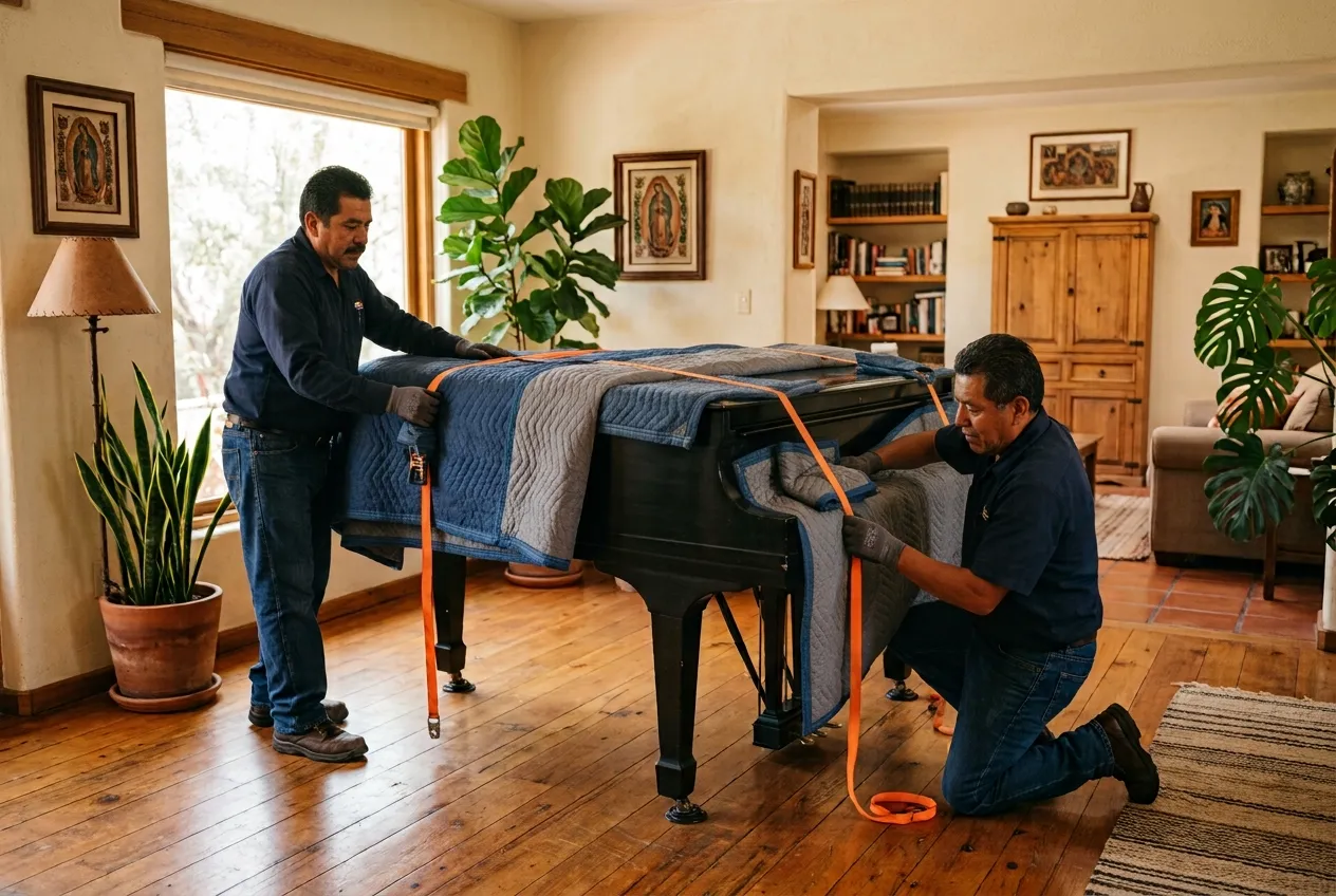 Cargadores de Pianos Mejorada fajando y cubriendo un piano de cola para su traslado en una casa de la Ciudad de México